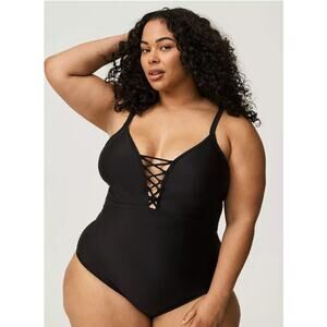Torrid Women’s Plus Bathing Suit One Piece 4X Plunge Black # H235
